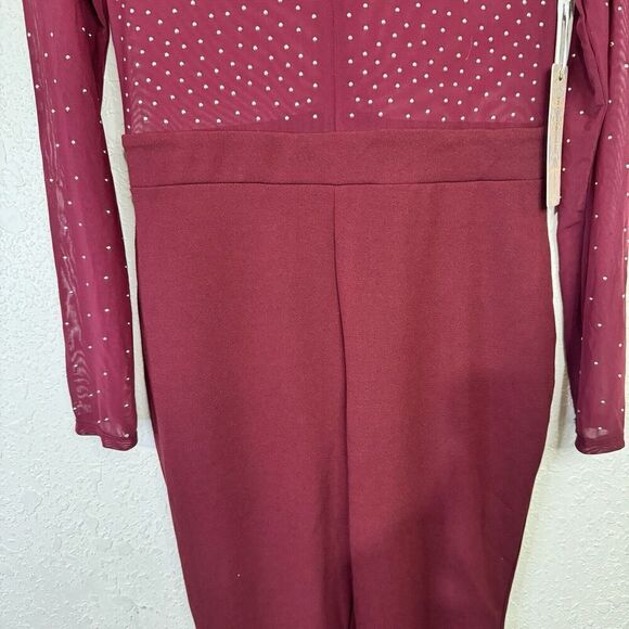 Iris Burgundy Illusion Mesh Silver Studs Bodycon Sz M‎ Hi Neck Jumpsuit NWT - Picture 5 of 14